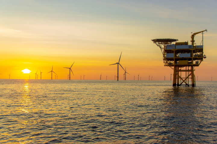 Sunset at Offshore Wind Farm