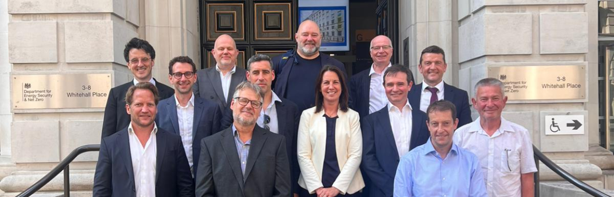 Members of the Marine Energy Taskforce, outside the London headquarters of the Department for Energy Security & Net Zero